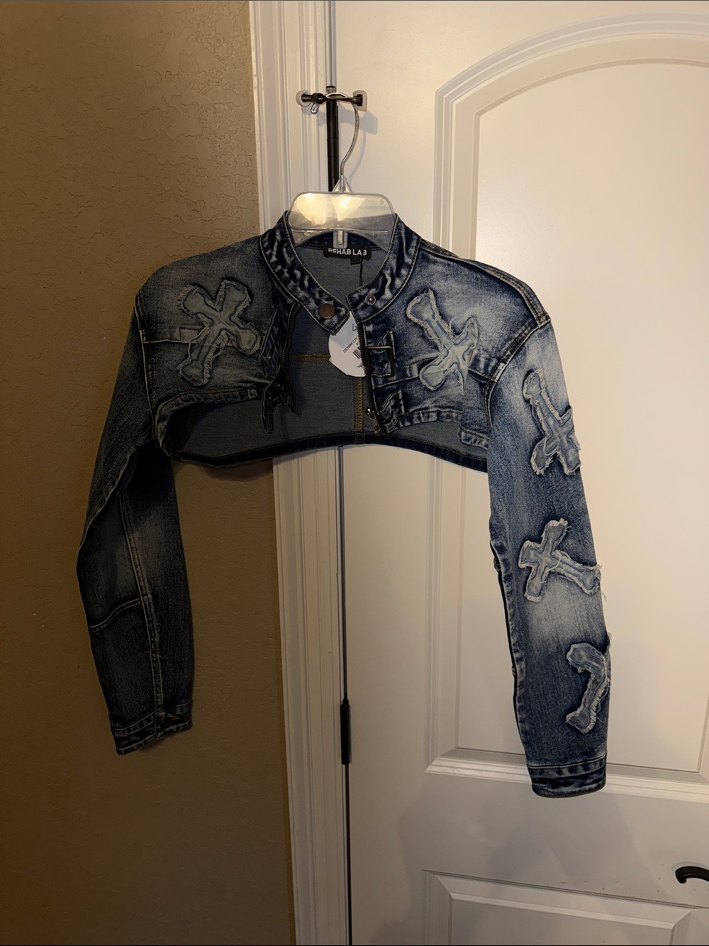 Cropped Denim Bolero Jacket with Cross Appliqués - Dark Blue